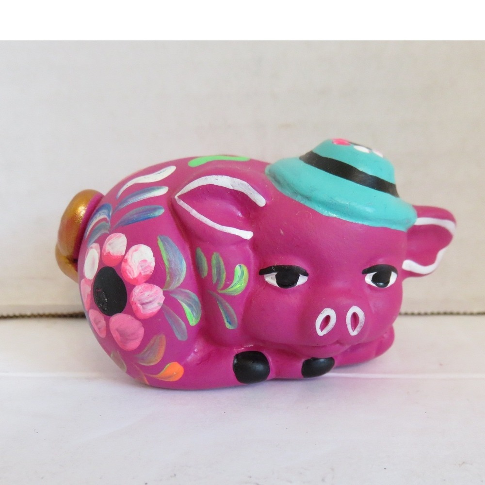 Mexican‎ Folk Art Clay Pig Figurine Hand Painted Magenta Teal Sombrero 2.75in